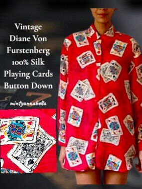Diane Von Furstenberg 90s Vintage Silk Playing Cards Button Down Top